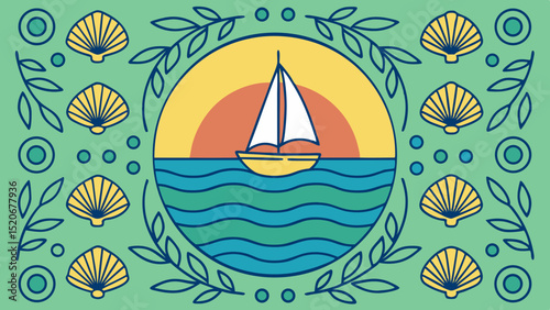 Summer seascape with sailboat and shells