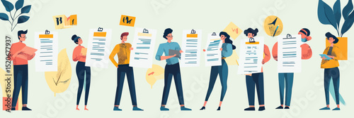 Team of diverse business people holding large checklist boards with completed tasks and digital tablet in flat minimalist style