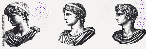 Ancient Greek Statue Busts Set Three Classical Male Figures Side Profile Black and White Vector Illustration with Halftone Pattern and Vintage Texture Detail