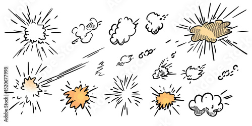Set of hand drawn comic style explosion bursts and smoke clouds with motion lines and speed effects in flat minimalist vector design