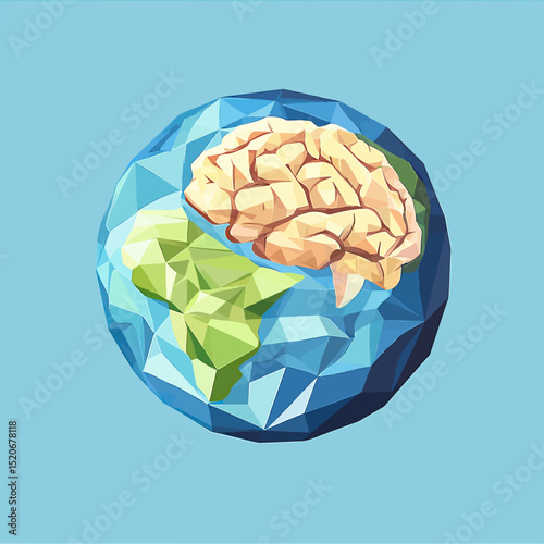 Low poly globe with human brain overlay symbolizing global intelligence, cognitive world concepts, and earth mind connection in minimalist style
