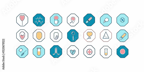 Minimalist medical health icons set with heart, pill, syringe, thermometer, bandage, magnifying glass, and test tube symbols in flat style background vector illustration