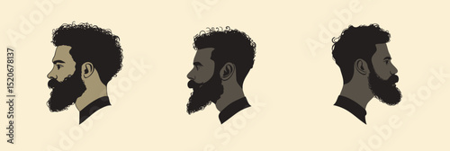 Set of three male profile silhouettes with curly hair and full beards in vintage minimalist style for barber or grooming concept vector illustration