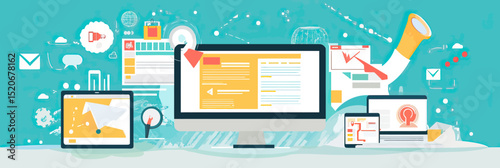 Flat design digital marketing concept with computer screen, tablet, smartphone, email marketing, analytics charts, mobile advertising, business communication, online promotion