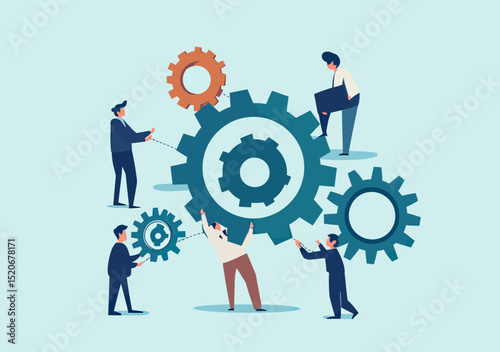 Business people working together to connect and operate interlocking gears collaboration teamwork cooperation productivity concept flat vector illustration