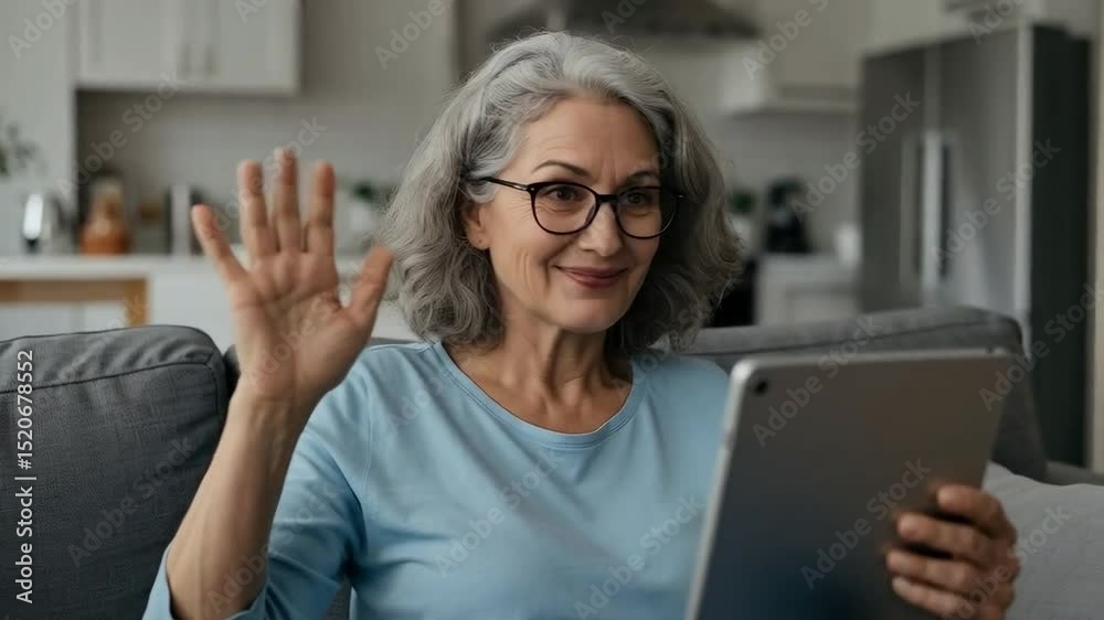 Smiling mature woman waving during a video call on her tablet at home