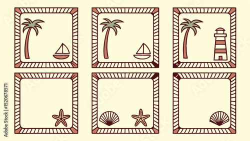 Six summer vacation themed frames with beach icons