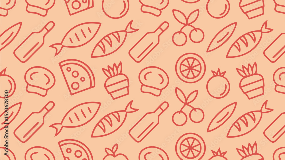 Seamless pattern of red line food icons on peach background Seamless pattern of red line food icons on peach background