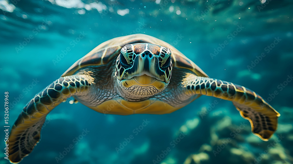 Fototapeta premium Close-up of a sea turtle swimming in the ocean.