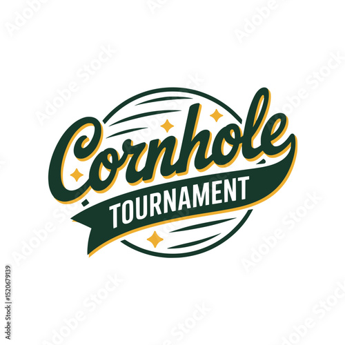 Cornhole Tournament Logo Design Vector, Retro-style emblem for a cornhole tournament featuring bold script typography, stars, and circular banner, perfect for event branding.

