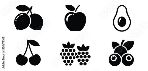 Six Simple Black Fruit Icons on White Background