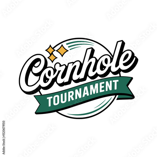 Cornhole Tournament Logo Design Vector, Retro-style emblem for a cornhole tournament featuring bold script typography, stars, and circular banner, perfect for event branding.

