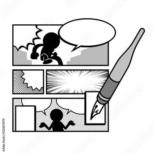 Manga Content Creation Icon Set – Vector Comic Layout with Speech Bubbles and Pen