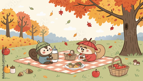 Adobe Illustrator Artwork of Kawaii autumn picnic scene with cute acorn, apple, and thermos cup characters relaxing on a checkered blanket among falling leaves.