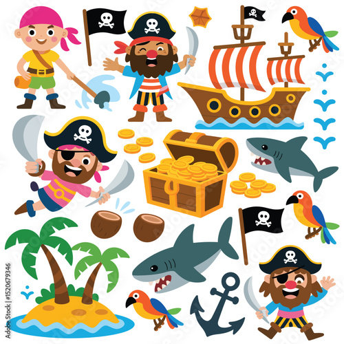 Cartoon Pirate Collection Ships, Treasure, and Tropical Elements