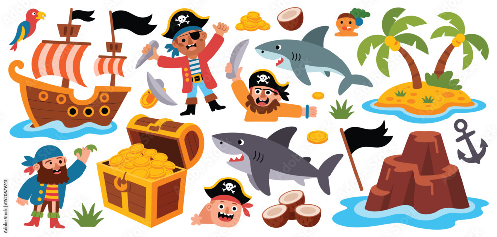 Obraz premium Cartoon Pirate Ship Treasure Island Adventure Set
