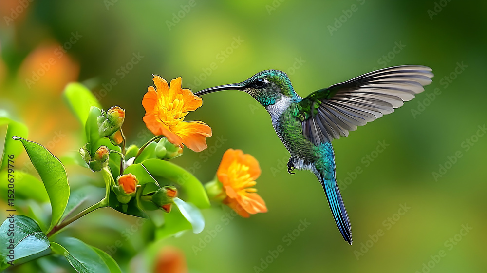 Fototapeta premium A hummingbird hovers near vibrant orange flowers.