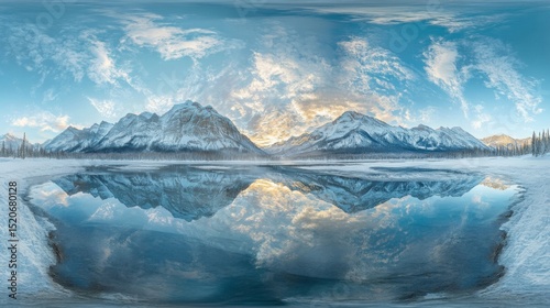 Snowy Mountain Range Reflection in a Frozen Lake at Sunset