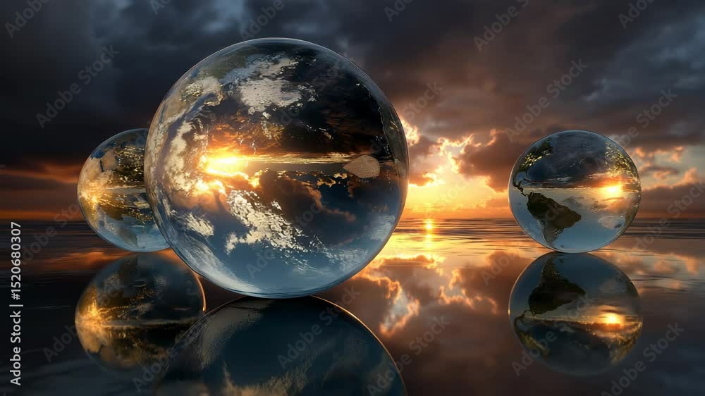 Earth globes reflecting sunset sky over water