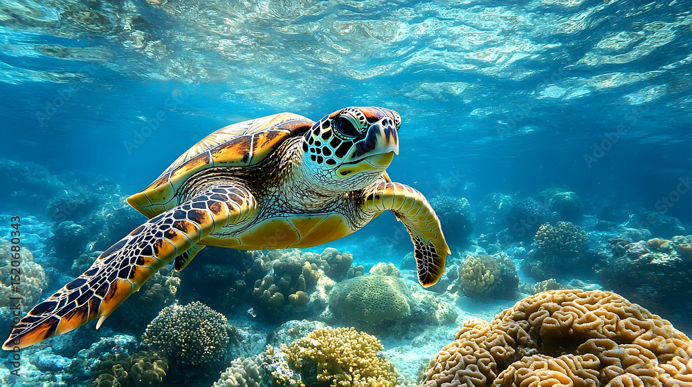 Fototapeta premium Sea turtle swimming amidst coral reefs.