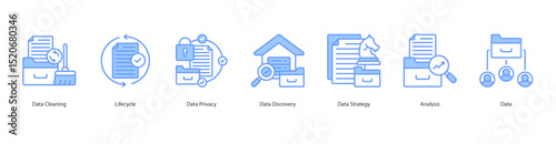 Data Strategy banner web icon set vector illustration concept with icon of data cleaning, lifecycle, data privacy, data discovery, data strategy, analysis, data