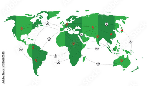 Fototapeta Naklejka Na Ścianę i Meble -  World map with soccer field and soccer ball pattern on white background. World Cup concept.