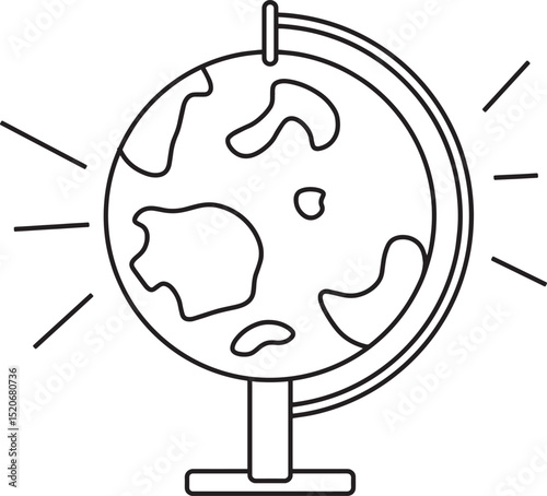 Minimalist black and white line art illustration of a globe icon, featuring a stylized representation of the Earth on a stand.