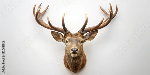A majestic wall-mounted deer head with enormous antlers dominating a plain white background, showcasing its grandeur and natural beauty, isolated for attention, wildlife, hunting