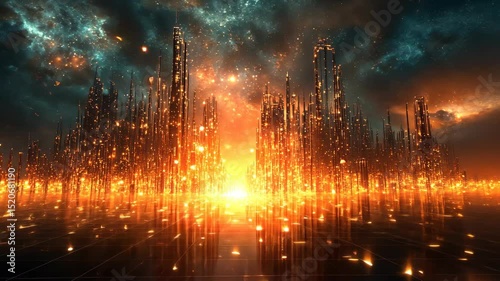 Futuristic cityscape at sunset, glowing skyscrapers reflect on a gridded surface