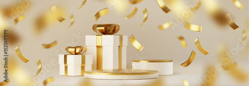 Gift box podium with golden confetti ribbons - realistic 3d white round pedestal displays with presents wrapped in decorative bows. Luxury surprise packaging mockup with falling curly streamers.