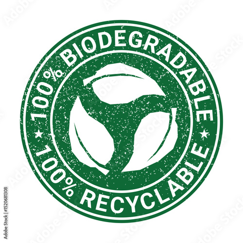 Biodegradable icon or compostable eco plastic, vector leaf label. Bio degradable stamp, green recycle circle symbol icon vector template