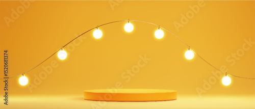 Bulbs illuminating podium on yellow background - arc of glowing spheres hanging by wires over round stage platform. Minimal composition with elegant curved spotlight garland for product showcase.