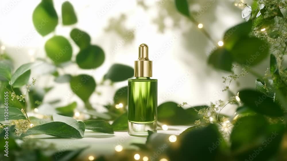 A bottle of green liquid with a gold stopper sits on a table with green leaves. The bottle is surrounded by green leaves, which give the impression of a natural and organic product