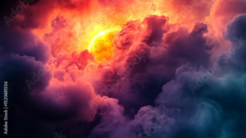 Fiery sunset bursts through dark, swirling clouds, creating a dramatic, colorful scene