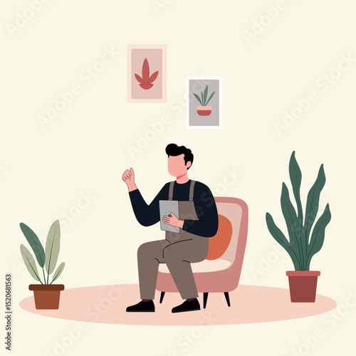A man is working at office space wiht gadget on calm color background