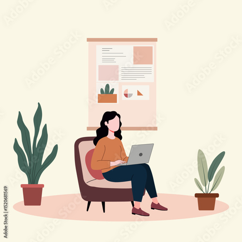 A woman is working at office space wiht laptop on calm color background