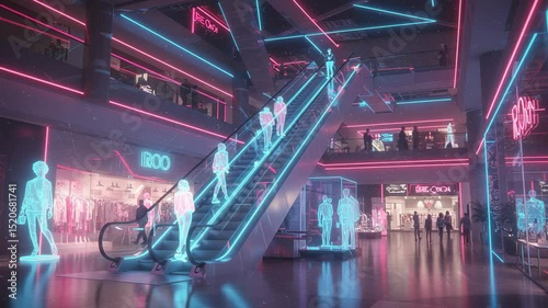 Cyberpunk mall with neon lines and ghostly figures riding escalators