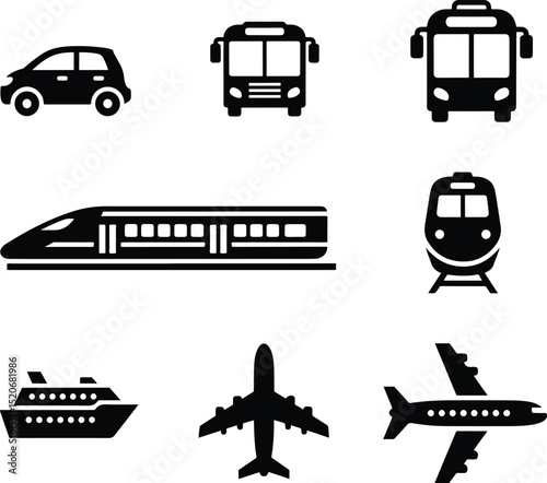 transportation icons car bus train cruise ship airplane black silhouette