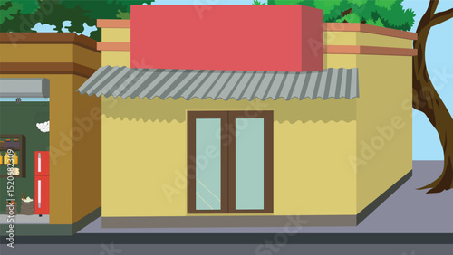 Vector Small Shop Front Illustration – Traditional Indian Street Store Cartoon Scene with Closed Doors and Tin Roof for Animation Projects, 2D Game Background, and Explainer Video Use

