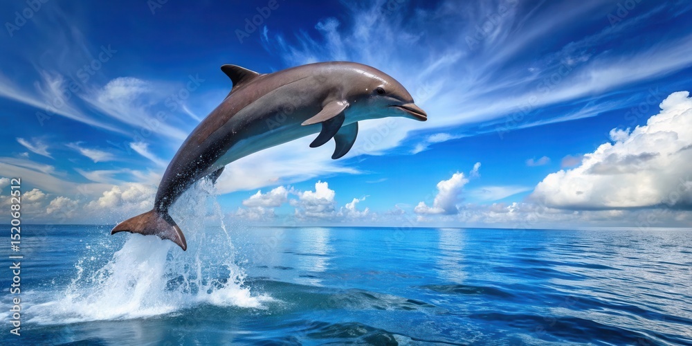 Fototapeta premium Dolphin jumping out of ocean blue water