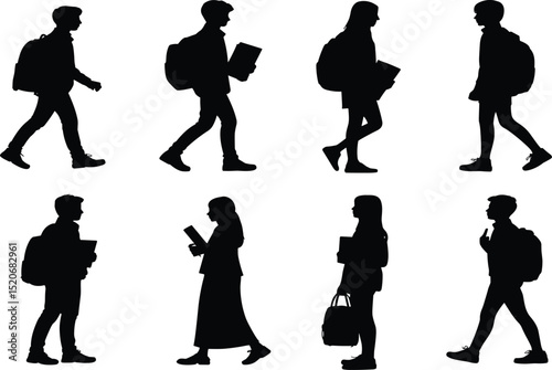 Silhouette Icons of People Walking with Backpacks and Bags: Students, Professionals, and Everyday Commuters