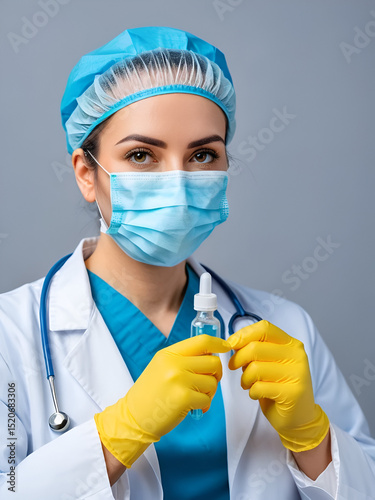 Doctor in medical mask, gloves and cap with ampulla with vaccine, stop Coronavirus disease COVID-19