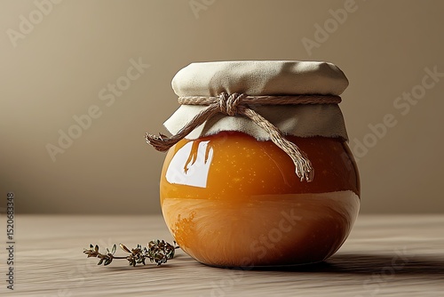 Amber honey jar mockup with fabric lid and herb sprig

