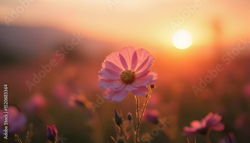 Pink flower in a field of flowers at sunset.