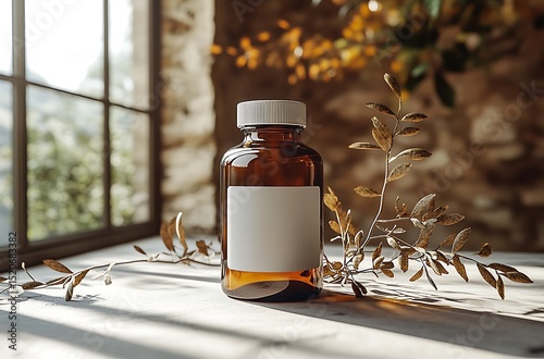 Amber glass bottle mockup with dried leaves on rustic table

 photo