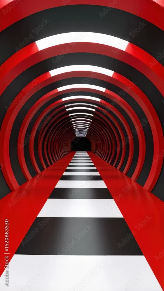 Abstract animation of endless tunnel with red and black circles, white stripes, 3D render background for motion graphics and visual effects