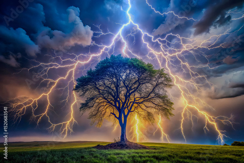 Majestic Oak Tree Defying a Furious Lightning Storm A Breathtaking Nature Photography