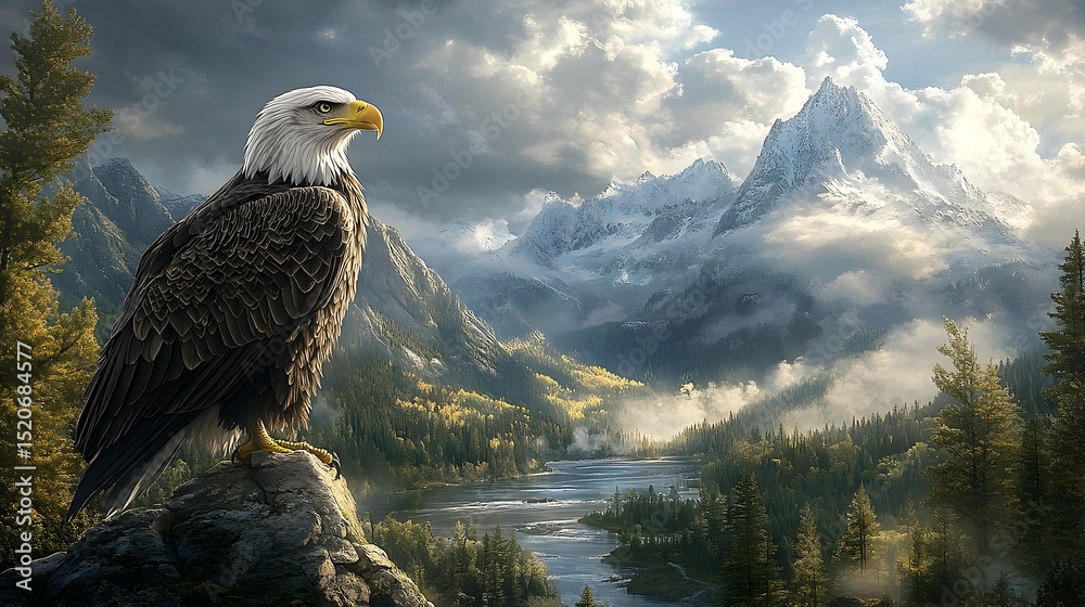 Fototapeta premium Majestic bald eagle perched atop a rocky outcrop overlooking a serene mountain valley.