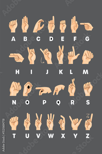 Colorful Illustrated Guide to American Sign Language Alphabet. Vector Illustration