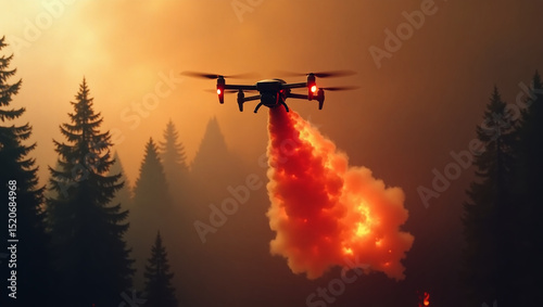 Aerial firefighting drone releasing fire retardant foam over a blazing forest fire, showcasing modern emergency response technology.